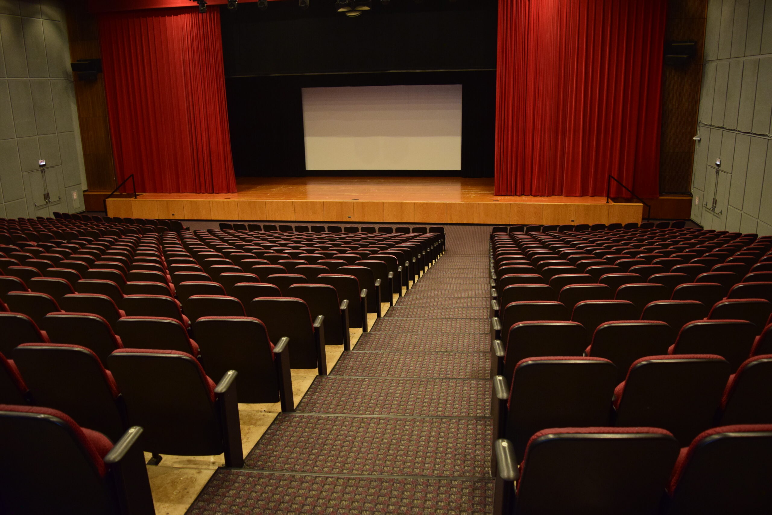 A large auditorium seen from the back, with an aisle descending in long steps with rows of chairs on either side and a stage with a screen in front of the room.